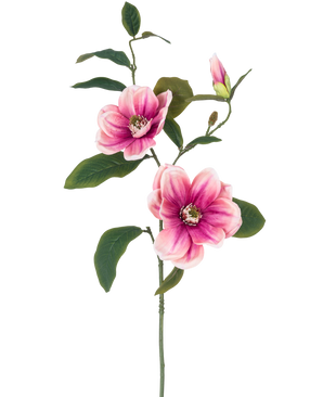 La Fleur Artificielle Magnolia 82 cm rose/blanc a une seule tige avec deux grandes fleurs de magnolia rose-blanc, un bourgeon et plusieurs feuilles vert foncé, sur un fond uni blanc.
