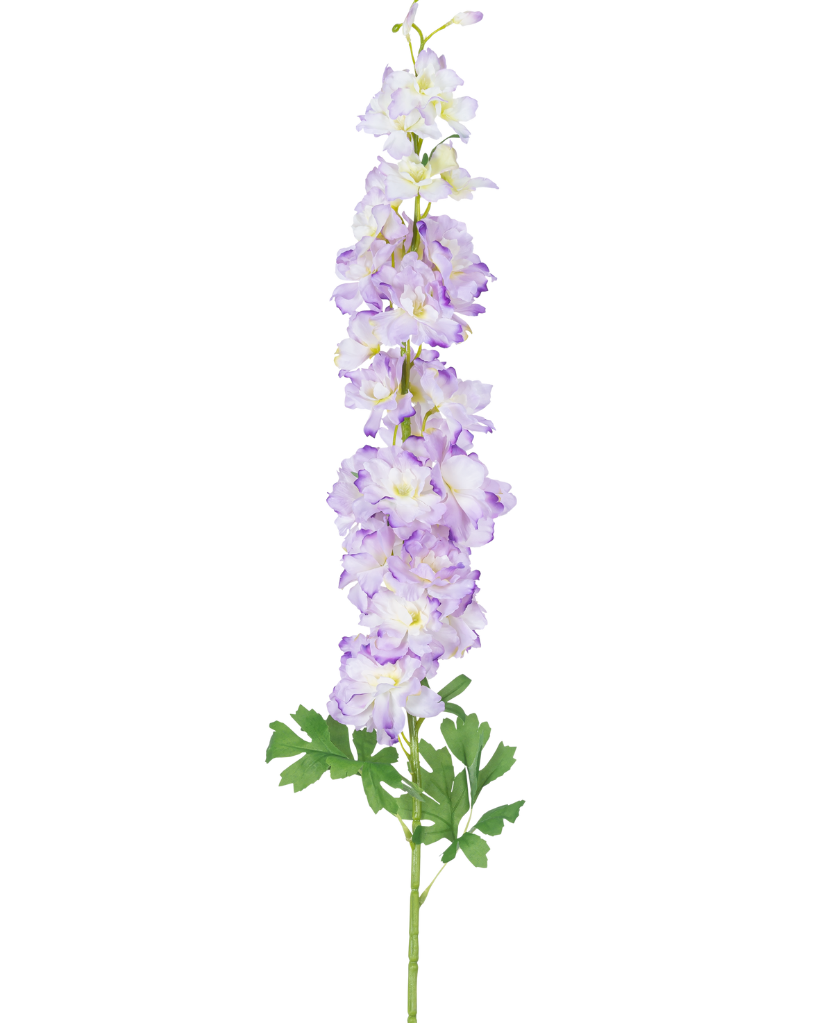 La fleur artificielle Delphinium 105 cm violet a une seule longue tige de fleurs artificielles violet clair avec des feuilles vertes, représentées sur un fond blanc uni.