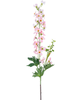 Une seule fleur artificielle Delphinium 79 cm rose clair a plusieurs petites fleurs rose clair et feuilles vertes, isolées sur un fond blanc.