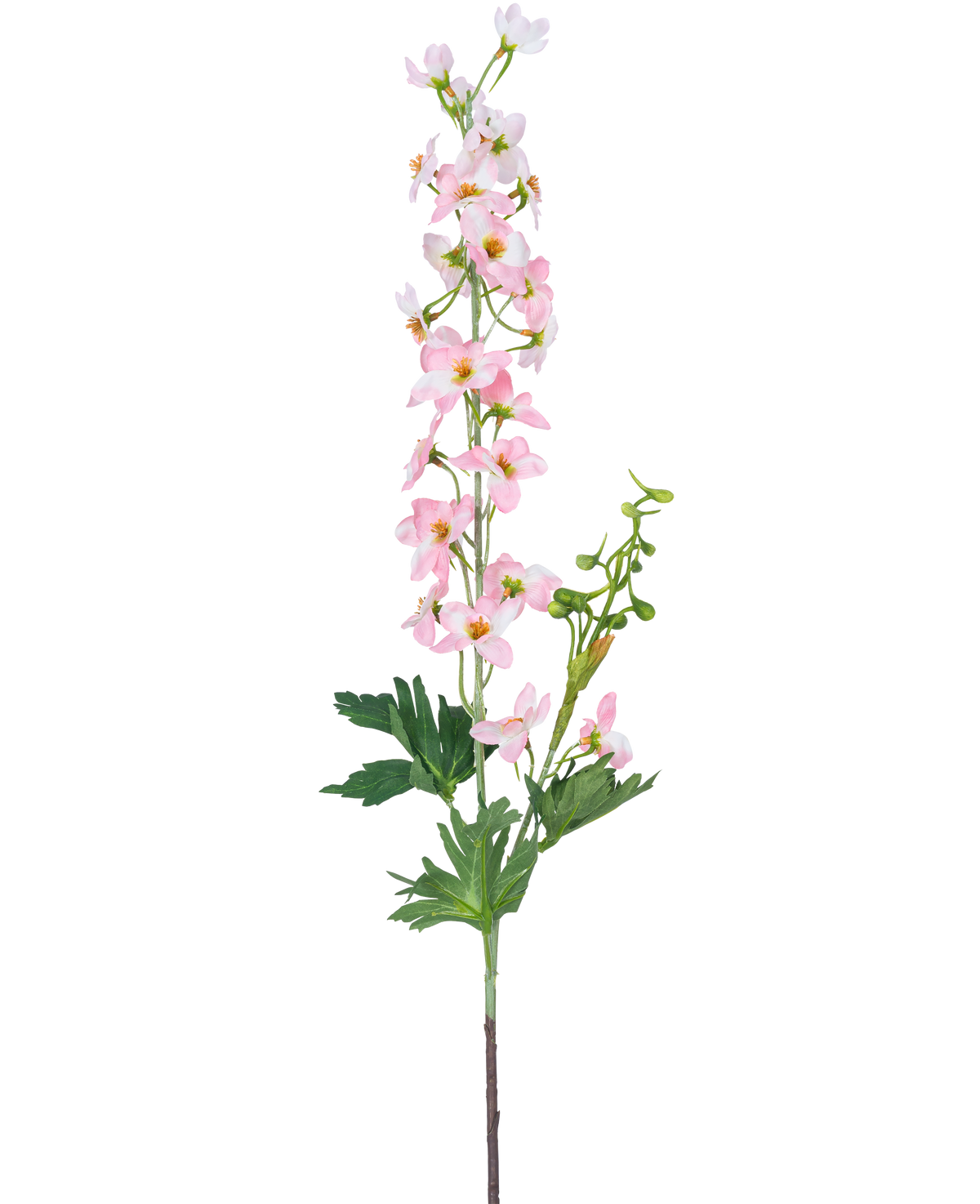 Une seule fleur artificielle Delphinium 79 cm rose clair a plusieurs petites fleurs rose clair et feuilles vertes, isolées sur un fond blanc.