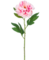 Une seule fleur artificielle pivoine de 77 cm rose clair avec des feuilles vertes luxuriantes sur un fond blanc uni.