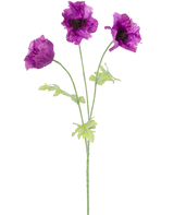 La Fleur Artificielle Coquelicot 73 cm lilas présente trois fleurs de coquelicot artificielles violettes avec des tiges et des feuilles vertes, sur un fond blanc uni. Les pétales délicats et légèrement froissés ajoutent de la texture à l'arrangement.