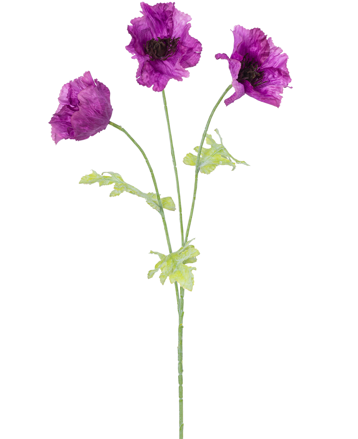 La Fleur Artificielle Coquelicot 73 cm lilas présente trois fleurs de coquelicot artificielles violettes avec des tiges et des feuilles vertes, sur un fond blanc uni. Les pétales délicats et légèrement froissés ajoutent de la texture à l'arrangement.