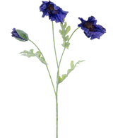 Une illustration botanique de la fleur artificielle de coquelicot 73 cm bleu foncé montre trois tiges vert clair - deux avec des volants de fleurs bleu foncé et une avec un bouton fermé sur un fond blanc.