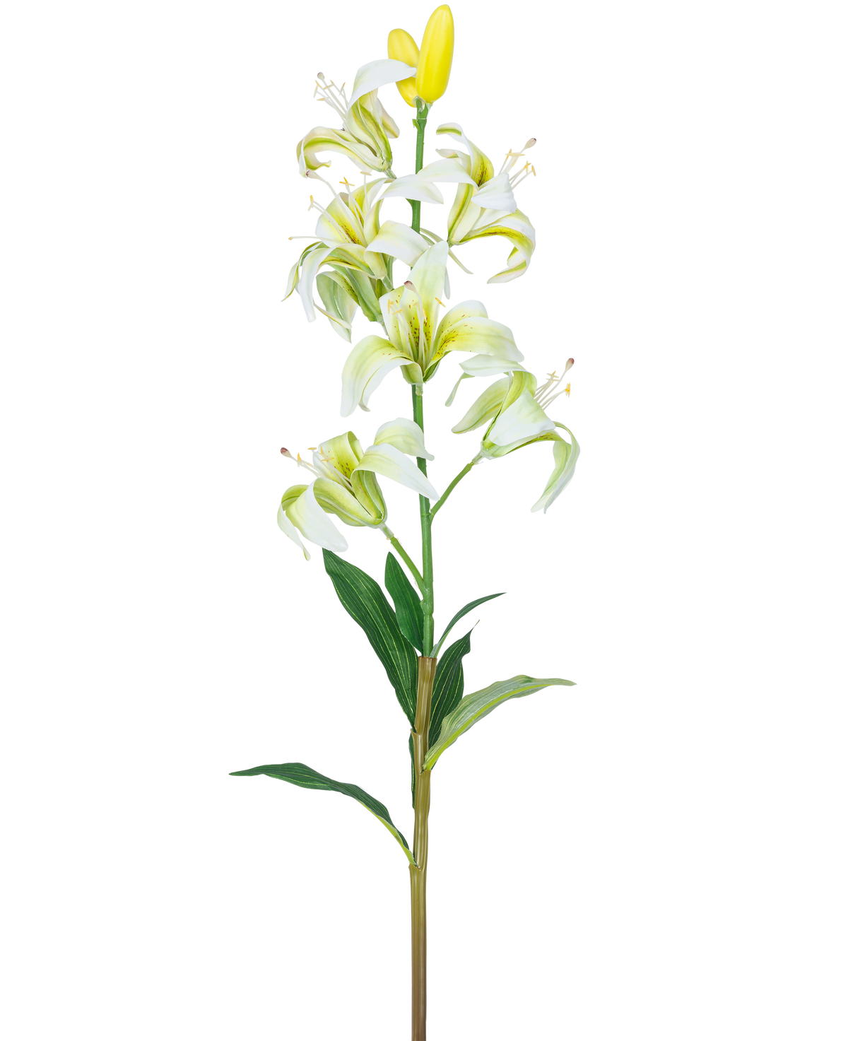 La Fleur Artificielle Lys Martagon 78 cm blanc a une longue tige avec plusieurs fleurs et bourgeons de lys blancs, un cœur jaune et des feuilles vertes, isolées sur un fond blanc.