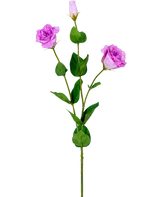L'Eustoma artificielle Real Touch Rose 72 cm a une seule tige verte avec trois roses artificielles violet clair à différents stades de floraison et différentes feuilles vertes, représentées sur un fond blanc.