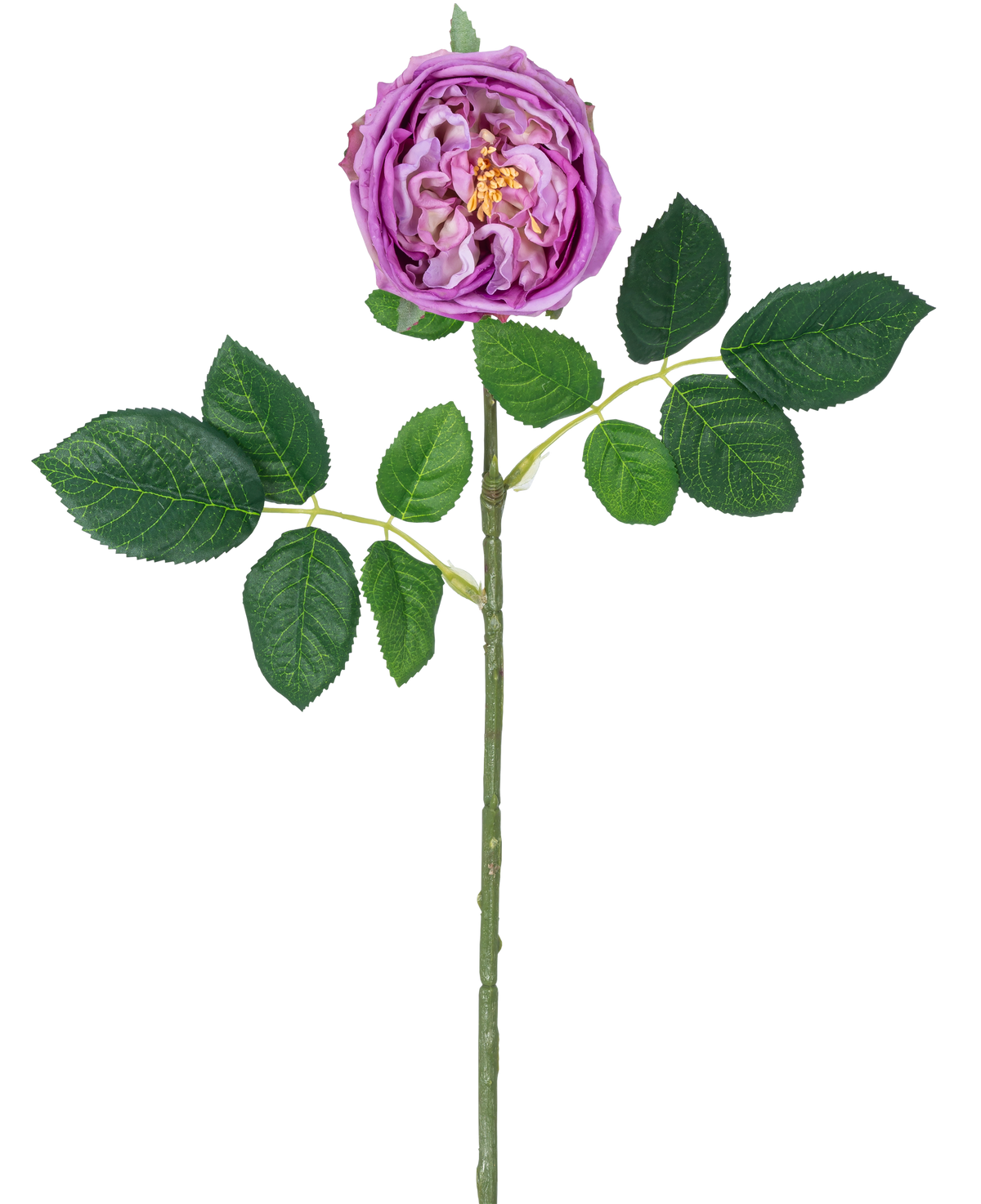 La rose de jardin artificielle "Anniken" Real Touch en violet est une rose artificielle simple de 72 cm de long avec une fleur violet clair et des feuilles vertes, représentées sur un fond blanc.