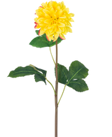 La Fleur Artificielle Dahlia Real Touch Jaune 73 cm est un simple dahlia jaune aux pétales ronds et aux accents rouges, avec une longue tige verte et un certain nombre de grandes feuilles vertes, sur un fond blanc.
