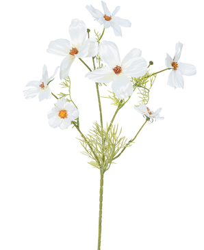 La fleur artificielle Cosmos 74 cm blanc possède plusieurs fleurs blanches délicates avec un cœur jaune et orange et des feuilles vertes plumeuses - idéales comme fleurs en soie pour une élégance durable.