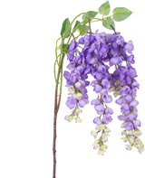 Une fleur artificielle de glycine de 115 cm violette avec des fleurs de glycine violettes et des feuilles vertes sur un fond blanc.