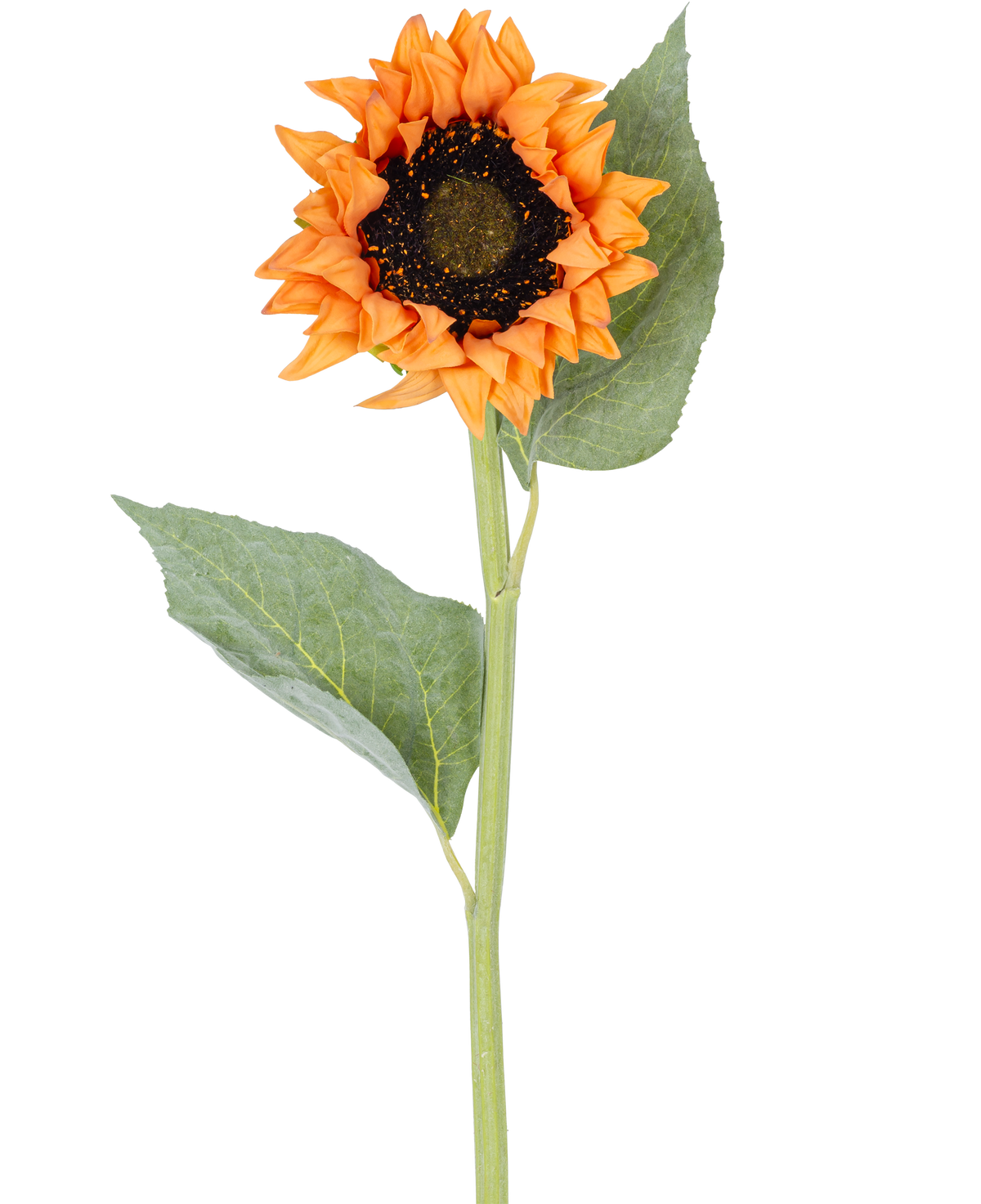 Une Fleur Artificielle Tournesol Real Touch doré de 61 cm, avec une fleur orange et un coeur foncé, deux grandes feuilles vertes et une longue tige verte, isolée sur fond blanc.