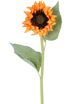 Une Fleur Artificielle Tournesol Real Touch doré de 61 cm, avec une fleur orange et un coeur foncé, deux grandes feuilles vertes et une longue tige verte, isolée sur fond blanc.
