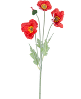 La Fleur Artificielle Coquelicot Real Touch rouge 60 cm a une tige unique avec trois fleurs de coquelicot rouge vif, un bourgeon fermé et des feuilles vertes, sur un fond blanc uni.