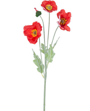 La Fleur Artificielle Coquelicot Real Touch rouge 60 cm a une tige unique avec trois fleurs de coquelicot rouge vif, un bourgeon fermé et des feuilles vertes, sur un fond blanc uni.