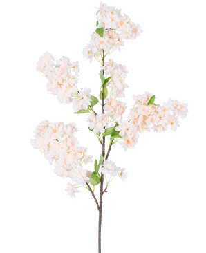 Une seule fleur de cerisier artificielle de 100 cm, branche blanche/rose avec des bouquets de fleurs de cerisier rose clair et blanches avec des feuilles vertes, isolées sur un fond blanc.