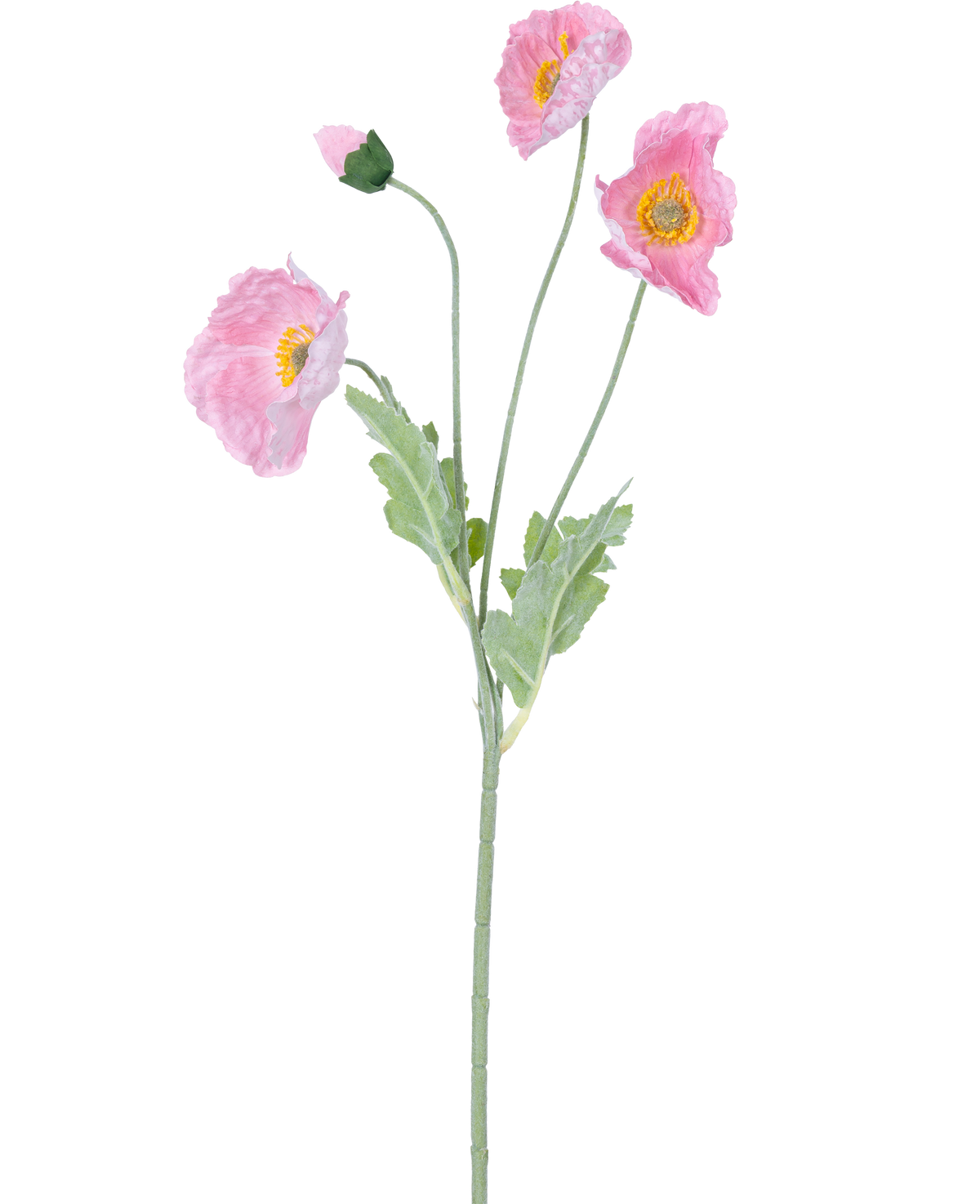 Fleur artificielle Coquelicot Real Touch Rose 60 cm : Un coquelicot rose réaliste avec trois fleurs ouvertes et un bouton fermé sur des tiges vertes et des feuilles vert clair, représenté sur un fond blanc.