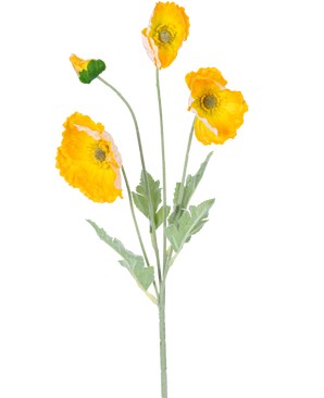 La Fleur Artificielle Coquelicot Real Touch jaune 60 cm a une seule tige avec quatre fleurs de coquelicot jaune vif et des feuilles vertes, sur un fond blanc uni.