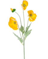 La Fleur Artificielle Coquelicot Real Touch jaune 60 cm a une seule tige avec quatre fleurs de coquelicot jaune vif et des feuilles vertes, sur un fond blanc uni.