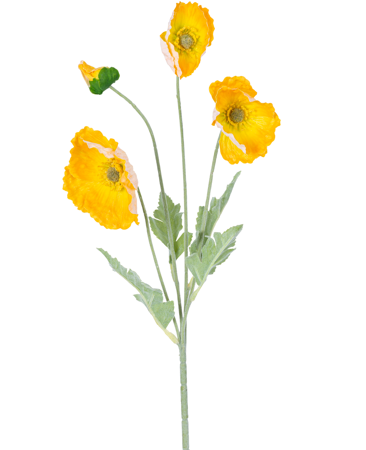 La Fleur Artificielle Coquelicot Real Touch jaune 60 cm a une seule tige avec quatre fleurs de coquelicot jaune vif et des feuilles vertes, sur un fond blanc uni.