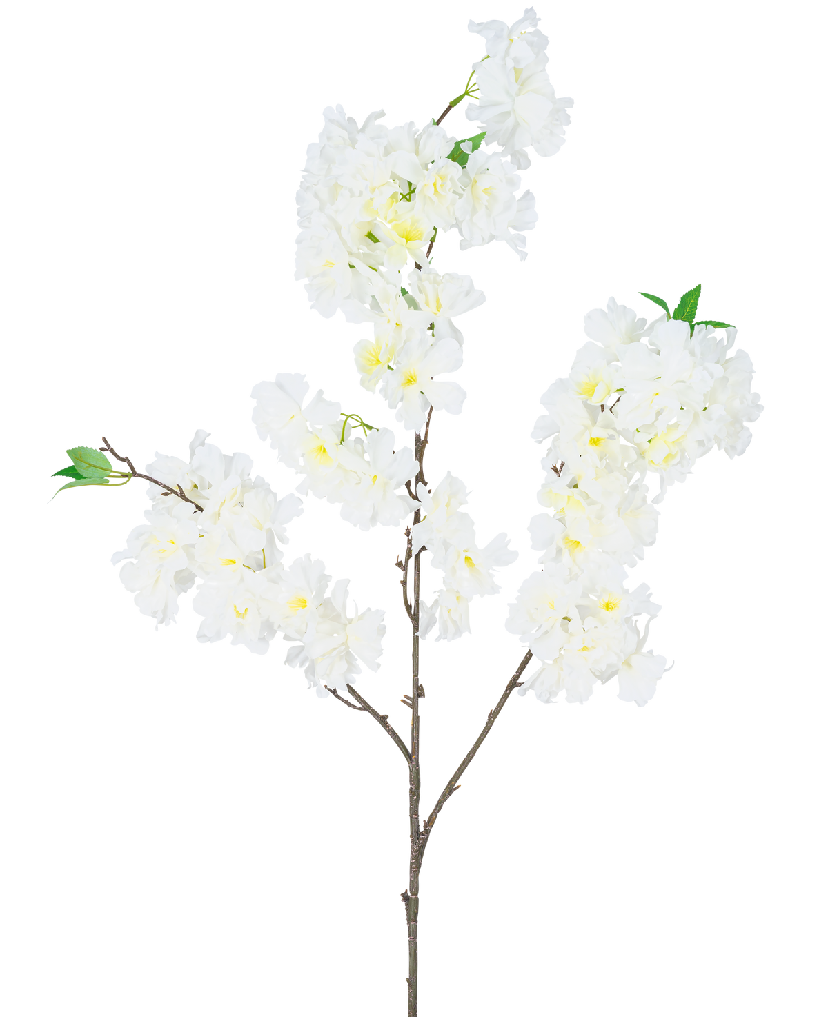 La Fleur de Cerisier Artificielle 106 cm blanche a une seule branche marron avec des bouquets de fleurs de cerisier artificielles blanches et de petites feuilles vertes, sur un fond blanc uni.