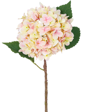 La Fleur Artificielle Hortensia Real Touch Rose 58 cm est une tige d'hortensia artificielle simple avec des pétales rose tendre et deux grandes feuilles vertes, parfaite pour la décoration et présentée sur un fond blanc.