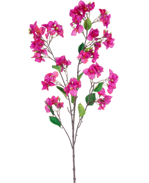 Une branche violette de bougainvilliers artificiels de 120 cm avec plusieurs bouquets de fleurs violettes vibrantes et de feuilles vertes sur un fond blanc.