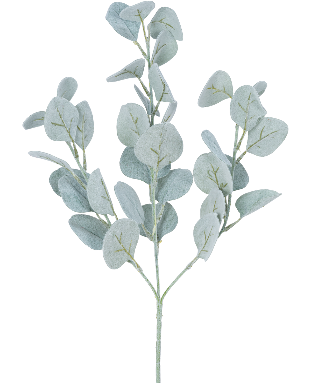 La fleur artificielle d'eucalyptus d'environ 68 cm a des feuilles rondes vert clair sur de fines tiges, joliment isolées sur un fond blanc.