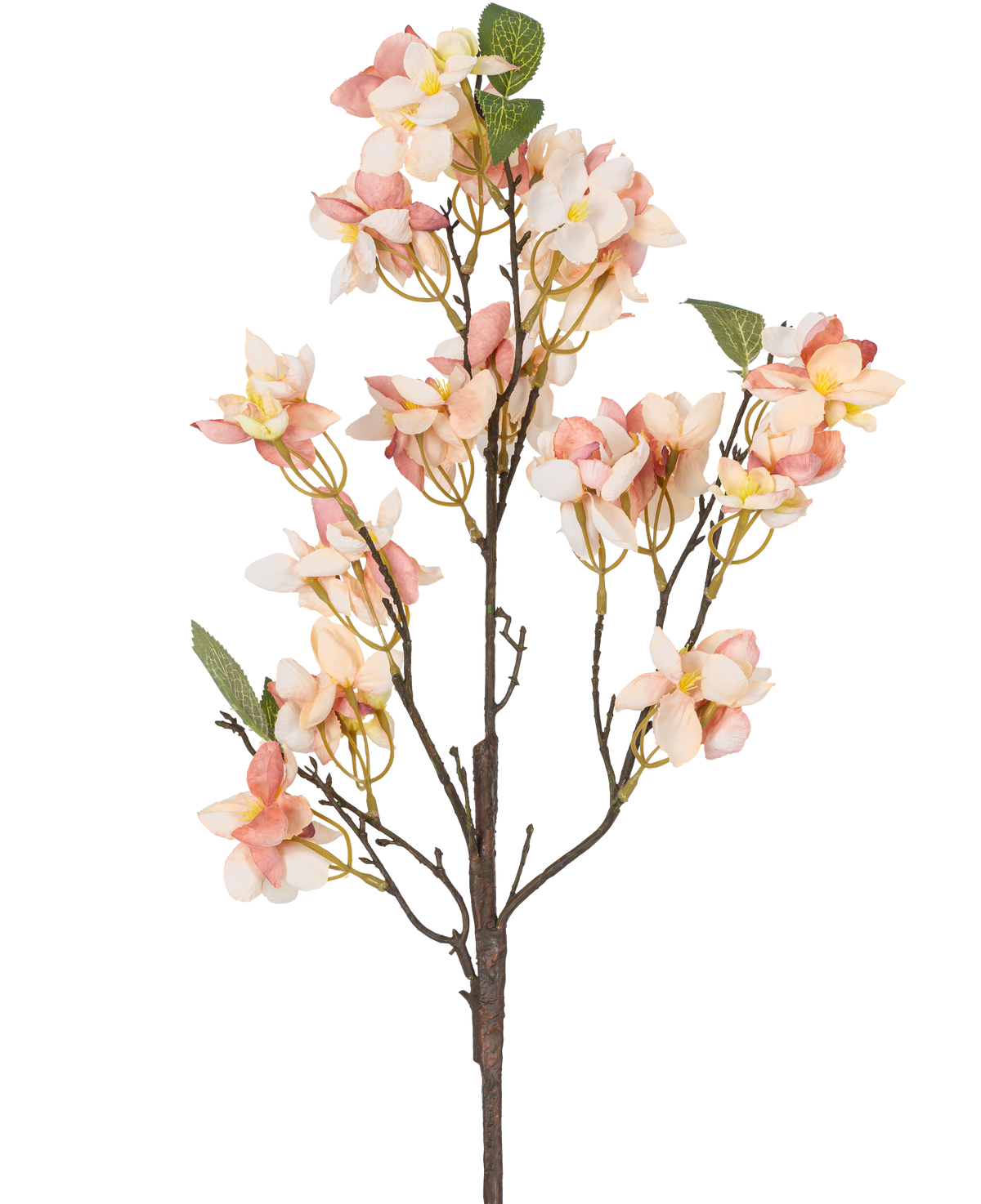 La fleur artificielle Blossom 60 cm rose a une seule tige artificielle avec des bouquets de fleurs rose clair et crème, des petits cœurs jaunes et des feuilles vertes sur fond blanc.