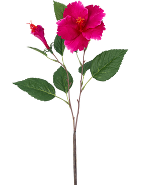 La Fleur Artificielle Hibiscus 64 cm rose possède une seule tige artificielle avec des feuilles vertes, une grande fleur rose ouverte et un bouton fermé, le tout sur un fond blanc uni.