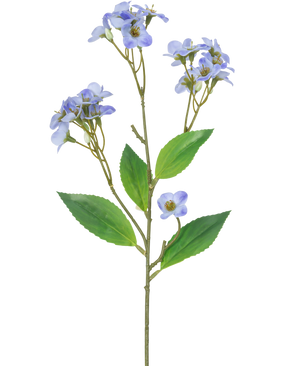 Une Orchidée Artificielle Real Touch Violet 50 cm possède une seule tige verte avec plusieurs branches, chacune décorée de bouquets de petites fleurs d'orchidée violet clair et de feuilles vertes, sur un fond blanc.