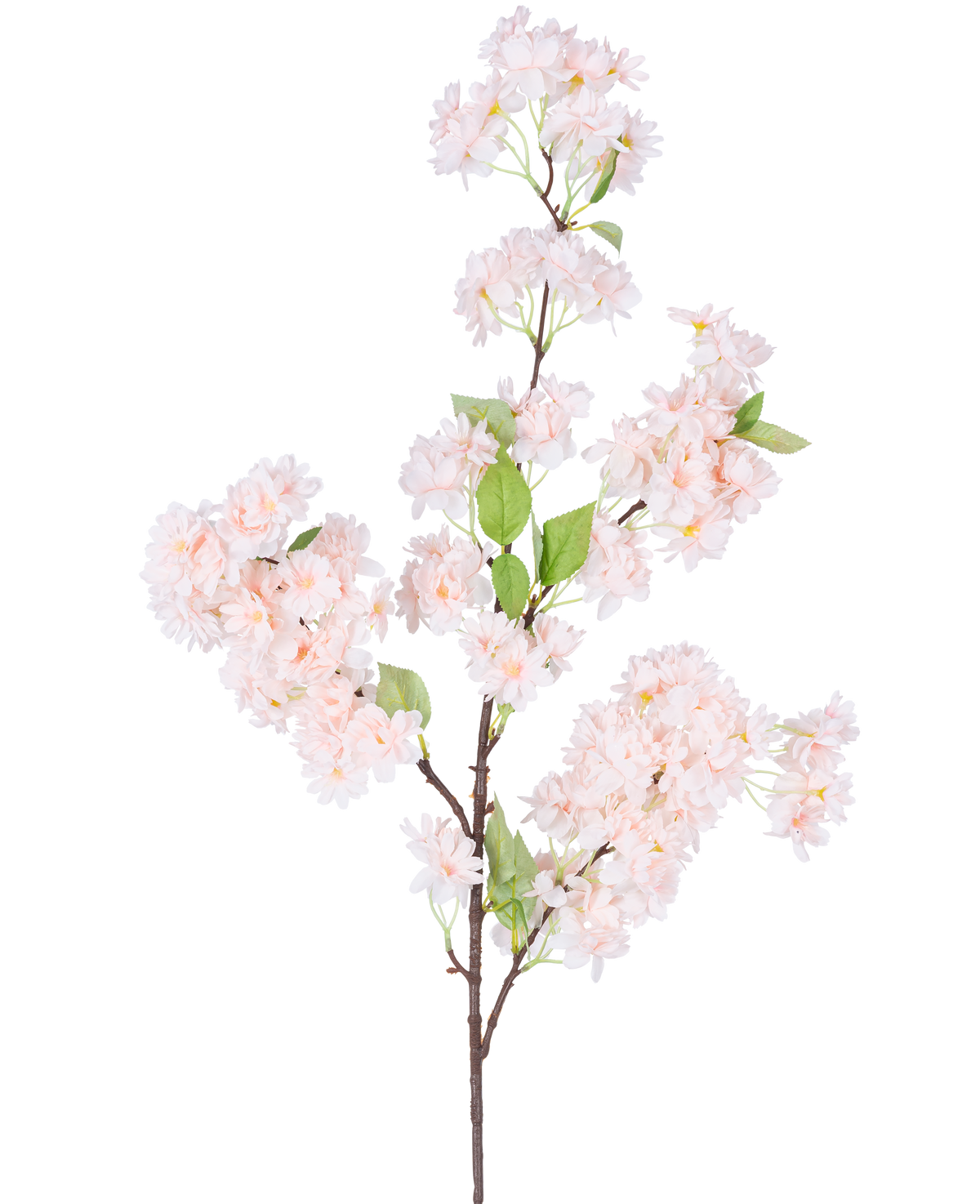 Une seule fleur de cerisier artificielle de 100 cm rose clair présente des bouquets de fleurs de cerisier rose clair avec des feuilles vertes sur fond blanc.