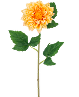 La Fleur Artificielle Dahlia Real Touch jaune 54 cm présente un dahlia jaune réaliste avec des pétales superposés et des feuilles vertes sur une longue tige, isolée sur un fond blanc.