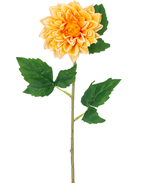 La Fleur Artificielle Dahlia Real Touch jaune 54 cm présente un dahlia jaune réaliste avec des pétales superposés et des feuilles vertes sur une longue tige, isolée sur un fond blanc.