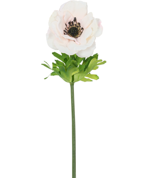La Fleur Artificielle Anémone Real Touch Rose 52 cm possède une seule fleur rose clair avec de fins pétales, un cœur foncé, des feuilles vertes et une longue tige, sur un fond blanc.