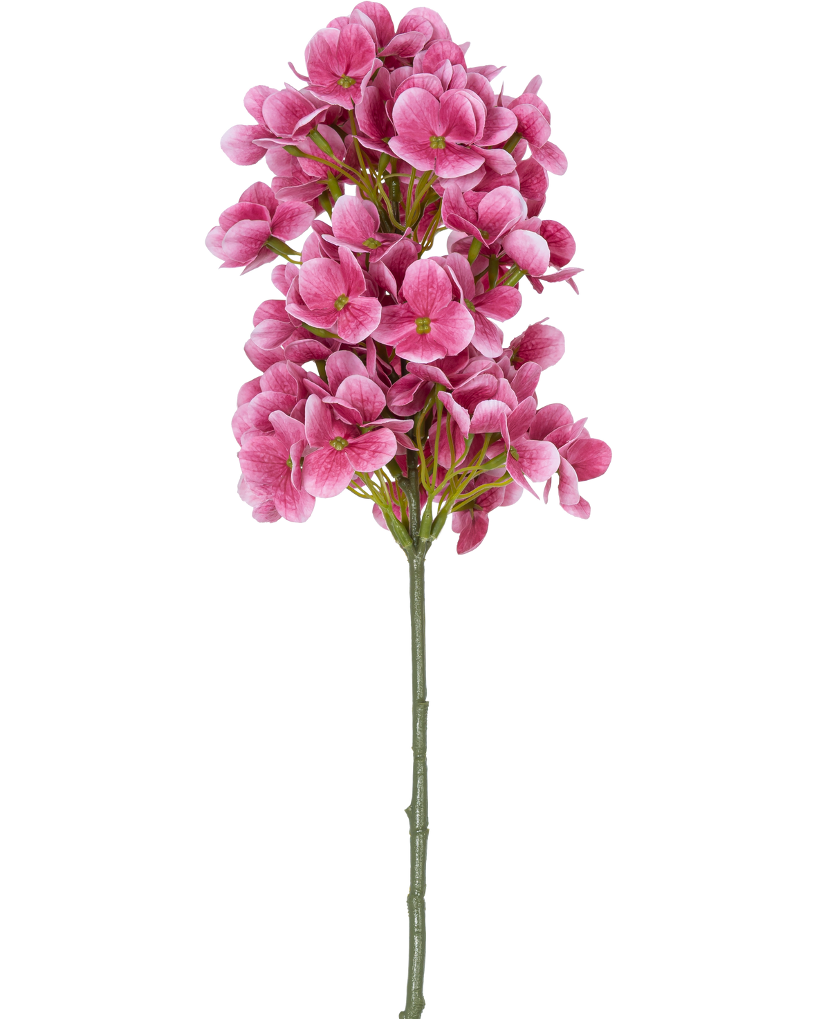 Une seule tige de la Fleur Artificielle Boule de Neige Real Touch Rose 58 cm, avec des bouquets de fleurs artificielles rose vif ressemblant à des hortensias avec un cœur vert, isolées sur un fond blanc.