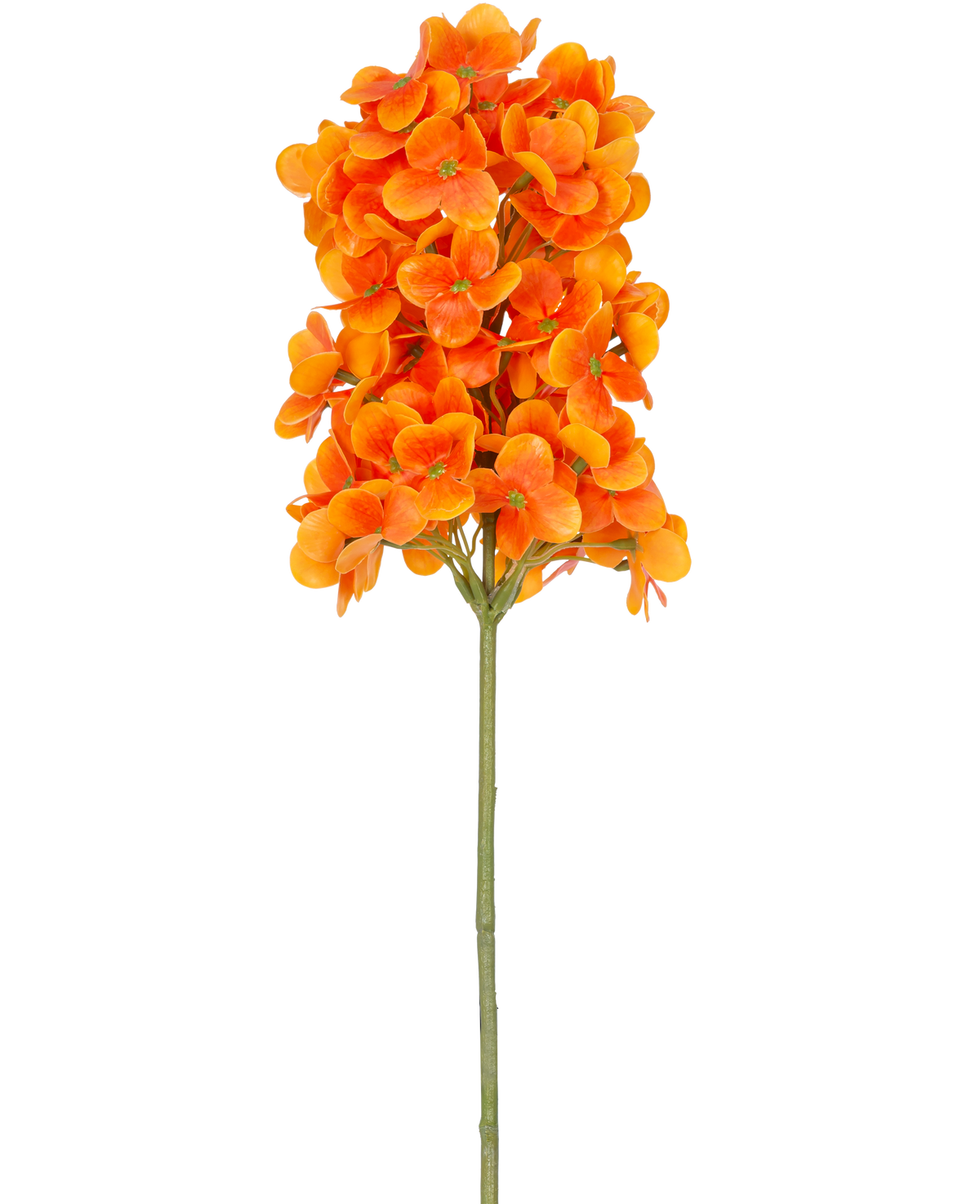 Une seule fleur artificielle boule de neige Real Touch Orange, de 58 cm de haut, a des fleurs groupées orange vif sur une tige verte, sur un fond blanc uni.