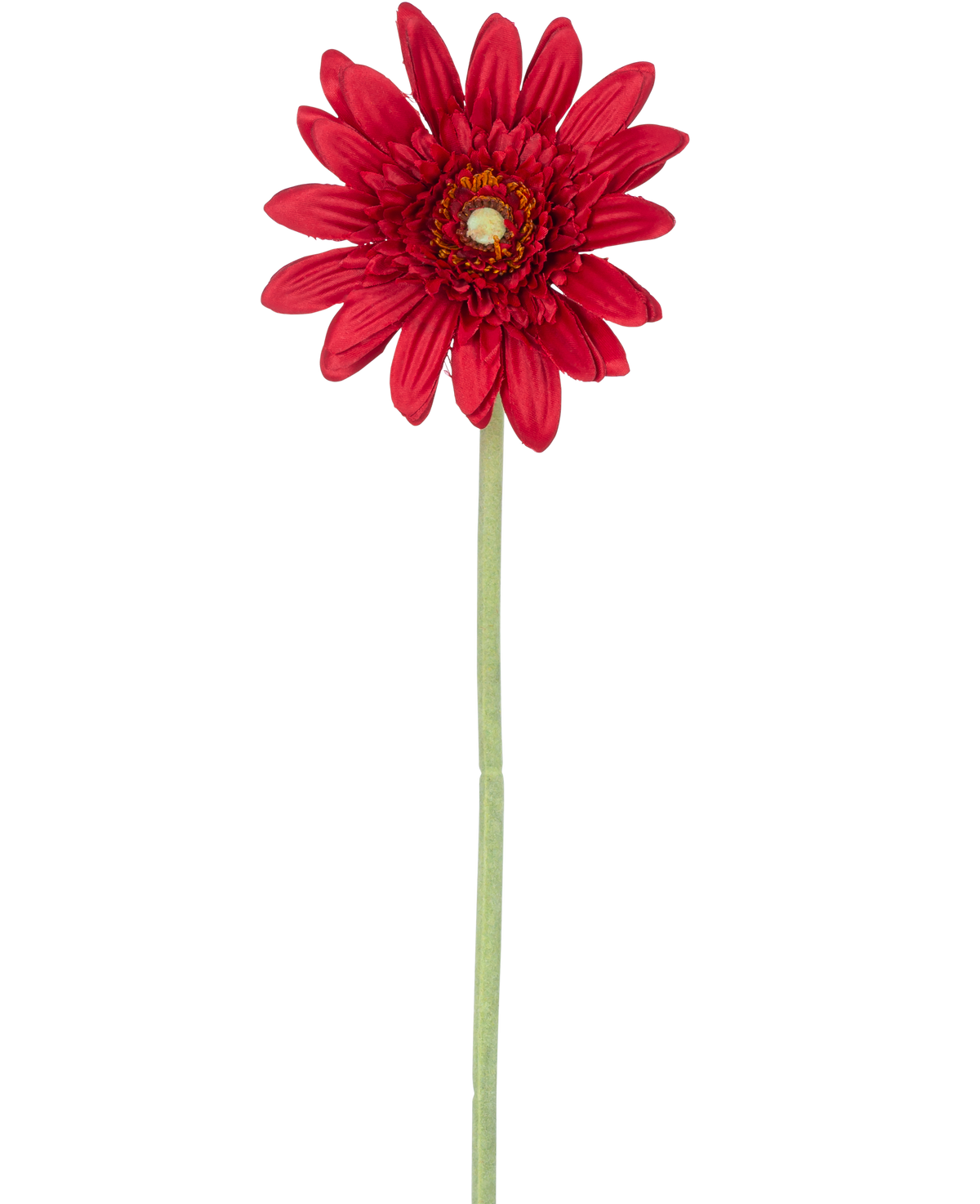 La Fleur Artificielle Gerbera 53 cm rouge possède un seul gerbera rouge avec des pétales superposés et un cœur jaune sur une longue tige verte, sur un fond blanc uni.