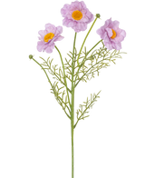 Le collier de roses artificielles Real Touch Violet 50 cm a une seule tige verte avec trois fleurs violet clair au centre jaune et des feuilles légères comme une plume, sur un fond blanc.