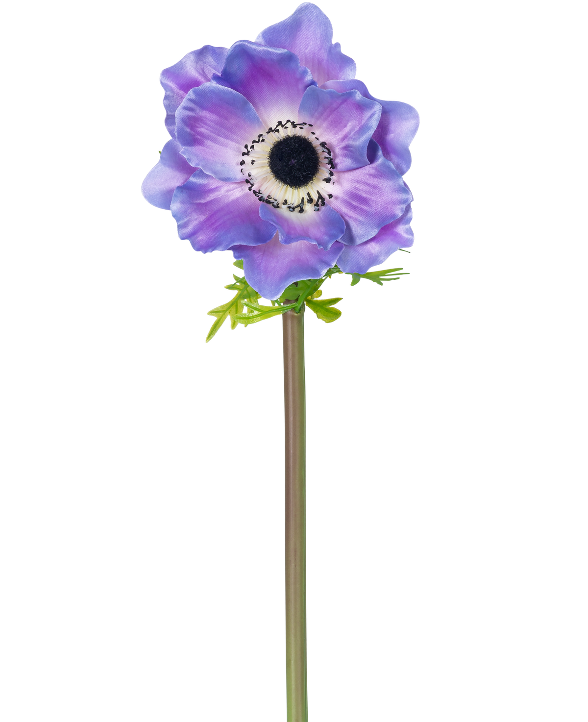 La fleur artificielle Anémone Deluxe 43 cm violette possède une seule anémone violette avec un cœur sombre et des pétales délicats sur une longue tige verte, représentée isolée sur un fond blanc.