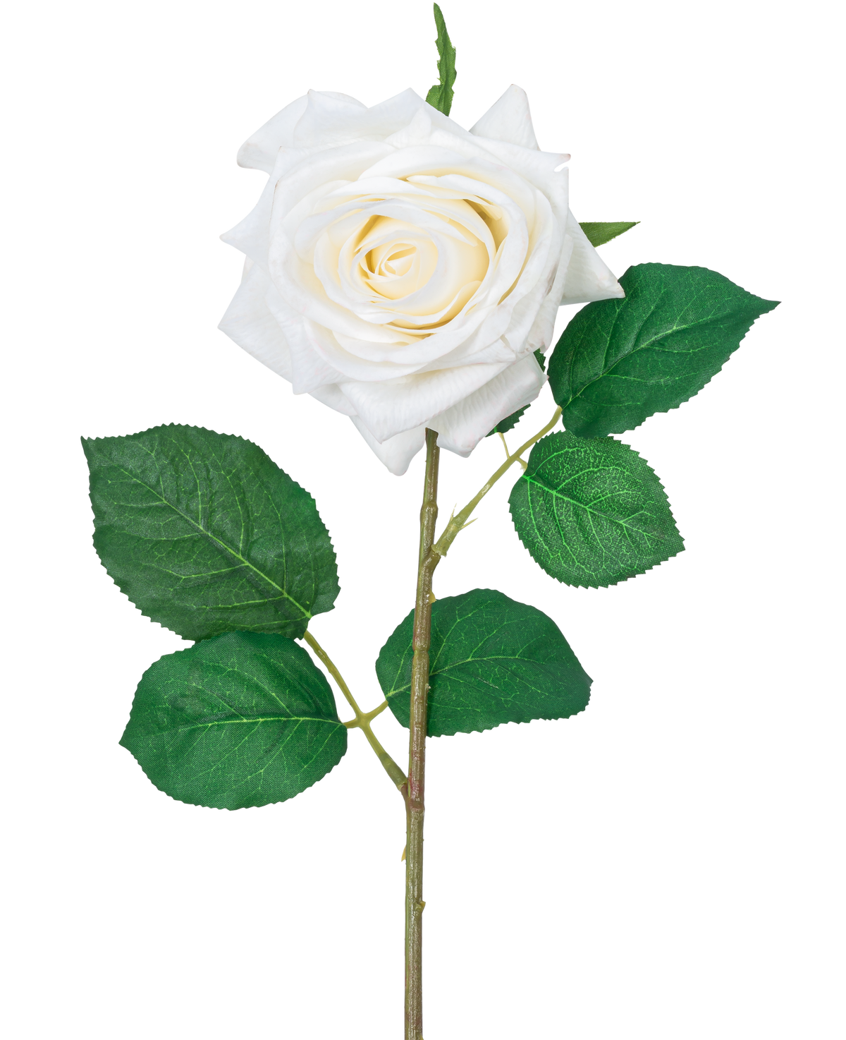 La Rose Artificielle "Emine" Real Touch Blanc 43 cm a une seule rose blanche avec des pétales superposés et des feuilles vertes sur une longue tige, sur un fond blanc uni.
