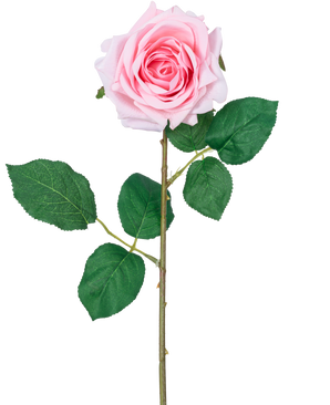 La Rose Artificielle "Emine" Real Touch Rose 43 cm est une rose artificielle simple rose clair avec des pétales superposés, des feuilles vertes et une longue tige, sur un fond blanc.