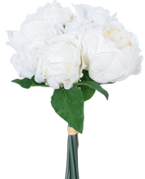 Le bouquet artificiel mélange de fleurs Real Touch White 30 cm présente des fleurs blanches et des feuilles vertes réalistes, élégamment enveloppées d'une bande et sur un fond blanc uni.