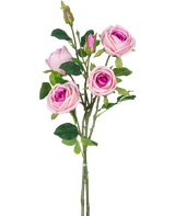 La Branche de roses artificielles double Real Touch rose 80 cm présente plusieurs roses roses artificielles et des boutons de roses avec des feuilles vertes sur une tige, sur un fond blanc uni.