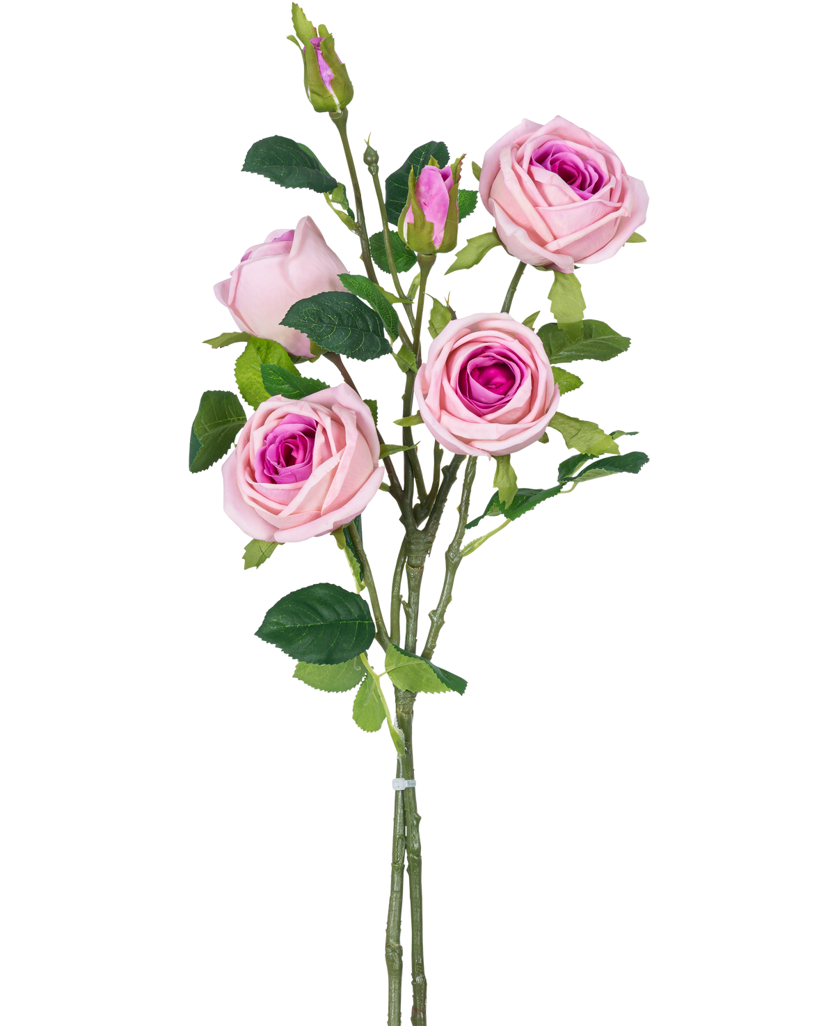 La Branche de roses artificielles double Real Touch rose 80 cm présente plusieurs roses roses artificielles et des boutons de roses avec des feuilles vertes sur une tige, sur un fond blanc uni.