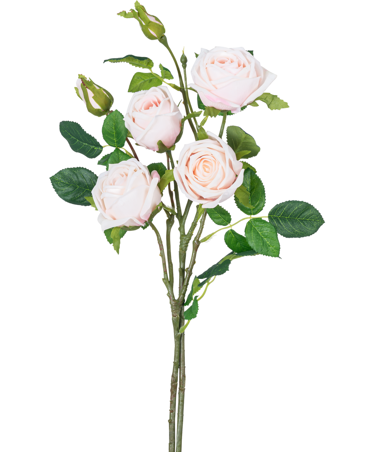 La branche de rose artificielle double Real Touch rose clair 80 cm a une tige avec trois roses rose clair entièrement épanouies, deux boutons de roses et plusieurs feuilles vertes sur un fond blanc.