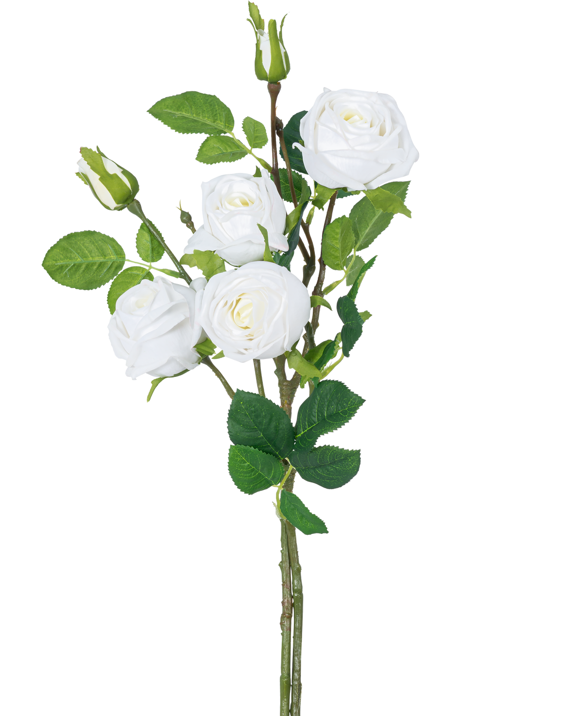 La branche de rose artificielle double Real Touch blanche 80 cm a une tige avec trois roses artificielles blanches en fleurs, des feuilles vertes et des boutons de roses sur un fond blanc uni.