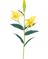 La Fleur Artificielle Lys Real Touch Jaune 95 cm possède une tige unique avec deux fleurs de lys jaunes ouvertes, un bourgeon fermé au sommet et de longues feuilles vertes, le tout sur un fond blanc uni.