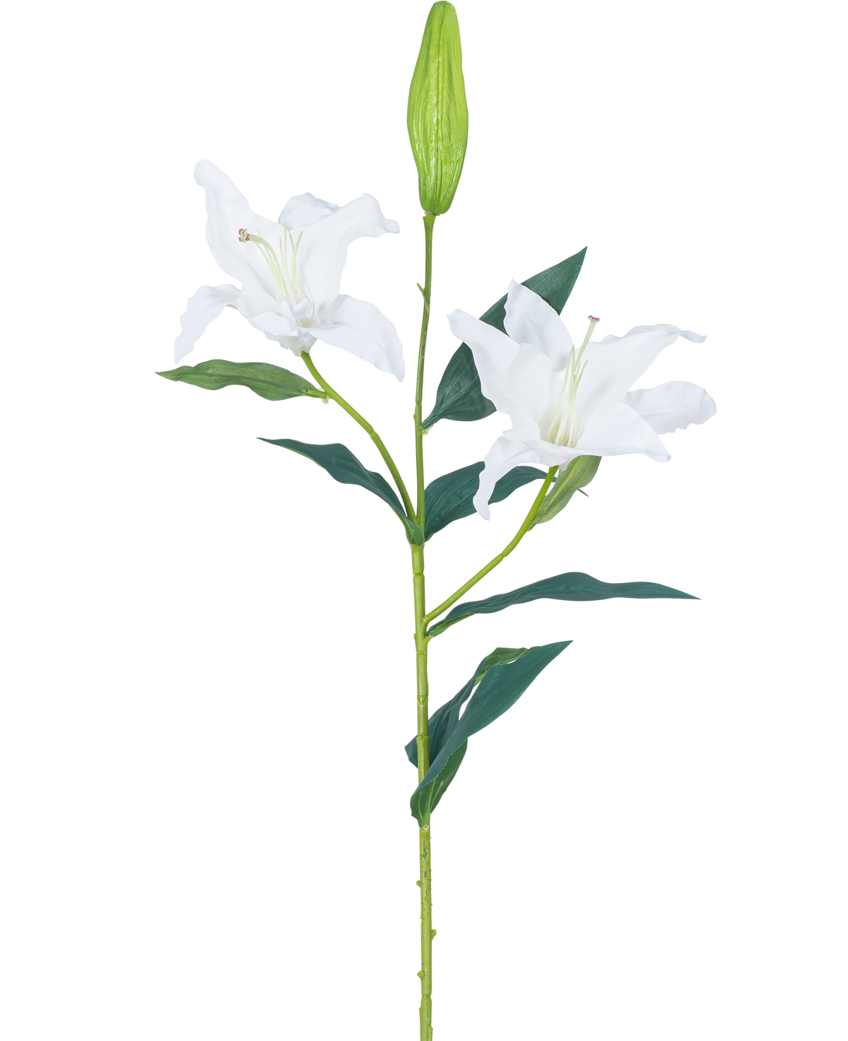 La Fleur Artificielle Lys Real Touch blanc 95 cm possède une seule tige verte avec deux fleurs de lys blanches ouvertes, des feuilles vert foncé et un bourgeon fermé, sur un fond blanc uni.