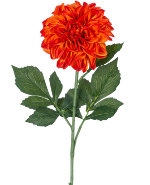 Une seule fleur artificielle Dahlia Real Touch Orange, de 72 cm de haut, a des pétales superposés orange et rouge vif avec des feuilles vertes sur un fond blanc uni.