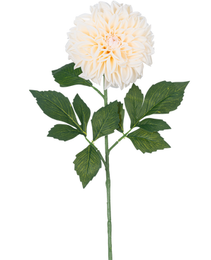 La Fleur Artificielle Dahlia Real Touch Beige 72 cm présente un seul dahlia beige avec des pétales superposés et des feuilles vertes sur une longue tige, isolée sur un fond blanc.